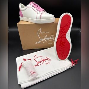 Christian Louboutin Fun Viera Flat Sneakers White and Pink Sneakers w/ Red Soles